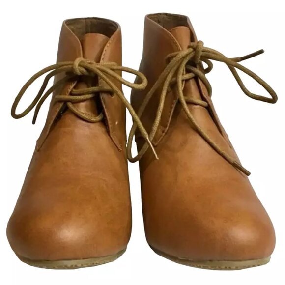 Bella Marie Women's Wedge Heel Almond Toe Lace-Up Ankle High Oxfords Ankle Boots - Picture 2 of 6